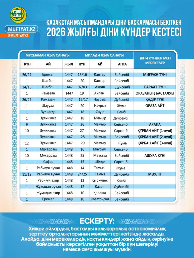 2026 ЖЫЛДЫҢ ДІНИ КҮНДЕР КЕСТЕСІ БЕКІТІЛДІ